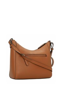 Braune Leder-Schultertasche mit glatter Textur, geschwungener Silhouette und einer vorderen Reißverschlusstasche. Verfügt über einen verstellbaren Trageriemen und kontrastierende Beschläge.