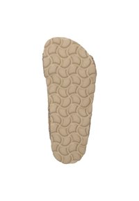 Sulan på ett skoföremål, med en texturerad beige gummibas med cirkulära mönster och en mjuk foder längs kanterna.