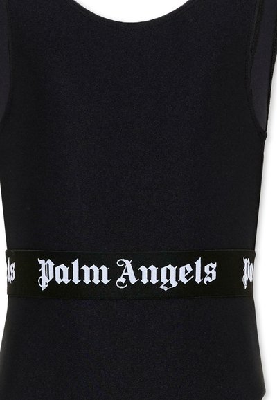 Vêtement noir sans manches avec une large ceinture noire présentant un texte blanc de style gothique « Palm Angels ».