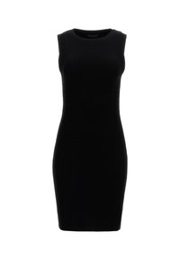 Robe noire sans manches en tissu texturé, forme ajustée, encolure ronde, longueur au genou, design minimaliste sans motifs ni accents.