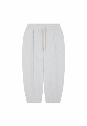 Pantalon de jogging gris clair avec cordon de serrage, taille élastique et jambes fuselées, fabriqué en tissu doux pour un usage décontracté.