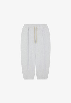 Pantalon de jogging gris clair avec cordon de serrage, taille élastique et jambes fuselées, fabriqué en tissu doux pour un usage décontracté.