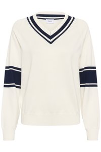 Cremefarbener V-Ausschnitt-Strickpullover mit marineblauen Streifen an den Ärmeln und am Kragen. Hergestellt aus weichem Stoff, mit gerippten Bündchen und Saum.