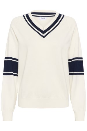 Maglione a V in crema con righe navy sulle maniche e colletto. Realizzato in tessuto morbido, con polsini e orlo a coste.