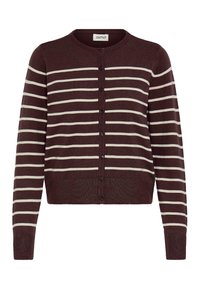 Maroon cardigan with thin white horizontal stripes, round neckline, and button-up front. Features ribbed cuffs and hem. Textured knit material.