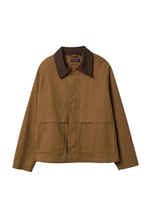 Braune Freizeitjacke mit dunkelbraunem Kragen, Vorderentaschen und verdecktem Knopfverschluss.