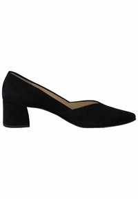 Escarpin en daim noir avec bout pointu et petit talon carré. Présente une découpe en V sur le côté et une doublure intérieure lisse.