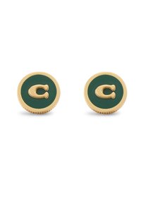 Gold-tone circular stud earrings with a green enamel center featuring a raised letter "C." Textured edges add detail.
