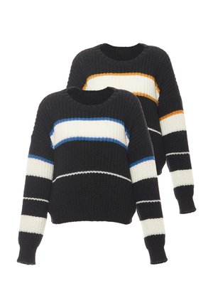Deux pulls noirs en tricot avec des rayures horizontales blanches, bleues et orange, l'un avec des accents bleus et l'autre avec des accents orange.