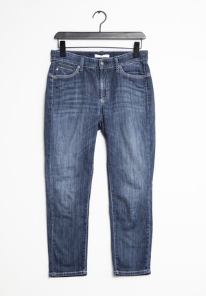 Tmavě modré džíny s úzkým střihem, pěti kapsami a mírným blednutím na přední straně. Šité detaily kolem kapes a lemu.