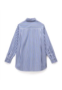 Camicia a maniche lunghe a righe blu e bianche con colletto, polsini abbottonati e orlo dritto. Tessuto di cotone con una superficie liscia.