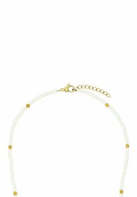 Collana di perle bianche con accenti dorati, caratterizzata da perle distribuite uniformemente e piccole perline in oro. Chiusura sicura con catena regolabile.