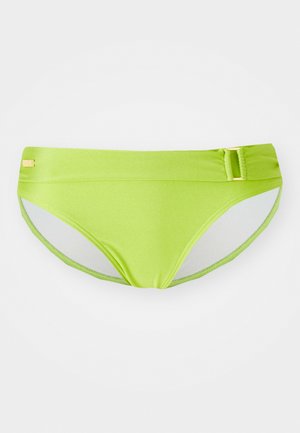 Bright lime green bikini bottom with a smooth texture, wide waistband, and gold accent detail on the side. Features a contrasting inner lining.
