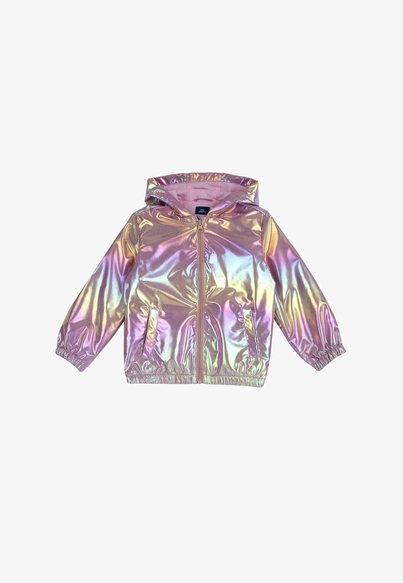 Dziecięca kurtka z kapturem o iryzującym różowo-fioletowo-żółtym metalicznym wykończeniu, z zapięciem na zamek z przodu oraz elastycznymi mankietami i pasem.