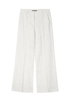 White wide-leg pants with subtle textured floral pattern, front pleats, side pockets, and belt loops on the waistband.