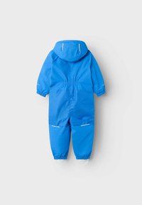 Blue waterproof overall with a hood, elastic cuffs, and waistband. Features reflective accents and a smooth, shiny texture.