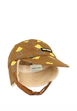 Gorro de invierno marrón para niños con orejeras, estampados de naves espaciales amarillas, forro suave de forro polar beige, correa ajustable para la barbilla y etiqueta "BOBO CHOSES".
