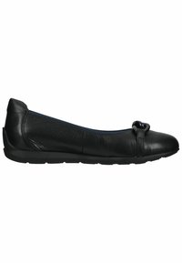 Chaussure plate en cuir noir avec bout arrondi, semelle souple et détail nœud décoratif à l'avant.