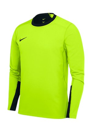 Langärmliges neongelbes Sporttrikot mit schwarzem Kragen und schwarzen Details an den Ärmeln, mit schwarzem Nike-Logo auf der Brust.