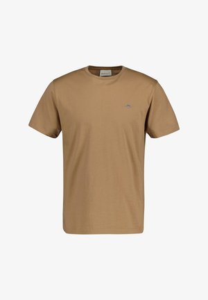 Herre T-shirt i ensfarvet brun med korte ærmer og rund hals, med lille logo på venstre bryst og synligt mærke indvendigt i kraven.