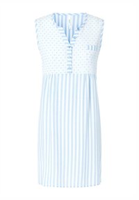 Vestido sin mangas en azul claro con pequeños lunares y rayas verticales. Presenta un escote en forma de V, una tapa de botones y un bolsillo en el pecho.