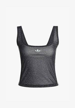 Top corto nero con motivo sottile a rettile e logo Adidas trefoil bianco centrato sotto la scollatura quadrata.