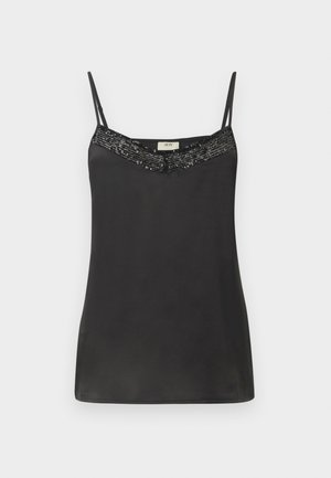 Svart satin cami med tynne stropper, har en perlebesatt halslinje. Glatt tekstur med en avslappet passform, perfekt for lag-på-lag eller uformell bruk.
