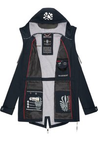 Navy jacket with a contrasting red trim. Features multiple mesh pockets and logos inside. Hood has a distinctive cut-out design.