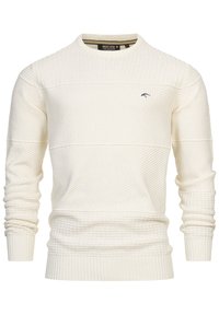 Wit gebreid sweater met een gestructureerd patroon, ronde hals, geribde manchetten en zoom, met een klein logo accent aan de linkerkant van de borst.