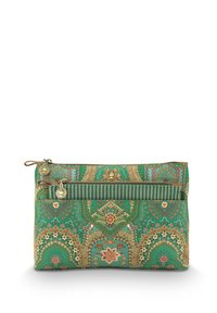 Groene stoffen tas met ingewikkelde bloemenpatronen, gouden accenten en een ritsafsluiting. Inclusief een kleinere voorvak met gestreepte details.