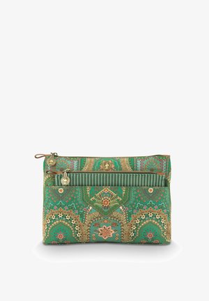 Green fabric bag featuring intricate floral patterns, gold accents, and a zippered closure. Includes a smaller front pocket with striped detail.