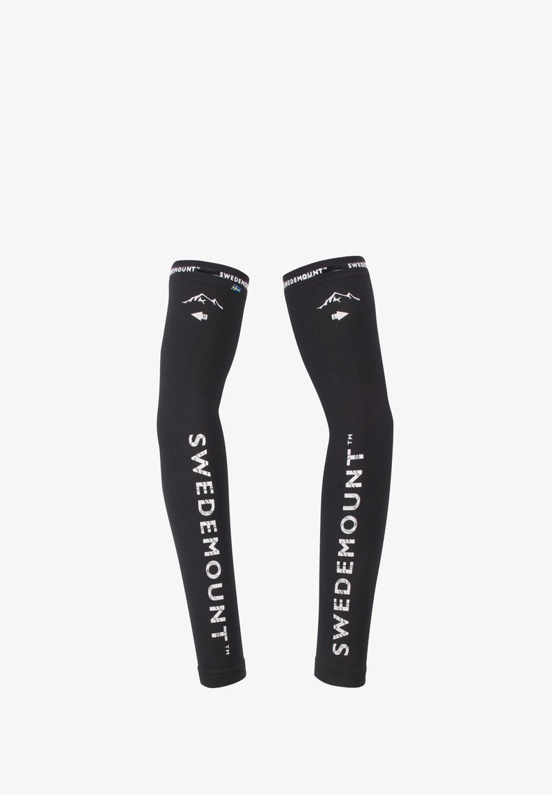 Maniche elastiche nere per le gambe, realizzate in materiale elastico, con testo bianco "SWEDEMOUNT" e un'immagine grafica di montagna nella parte superiore.