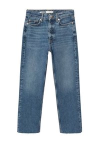 Jean en denim bleu coupe droite avec cinq poches, fermeture par boutons et couture visible.
