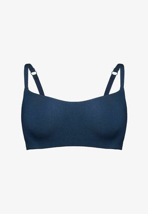 Granatowy biustonosz bralette wykonany z miękkiej tkaniny, z regulowanymi ramiączkami, bezszwowym designem i subtelnym przeszyciem. Lekki i elastyczny fason.
