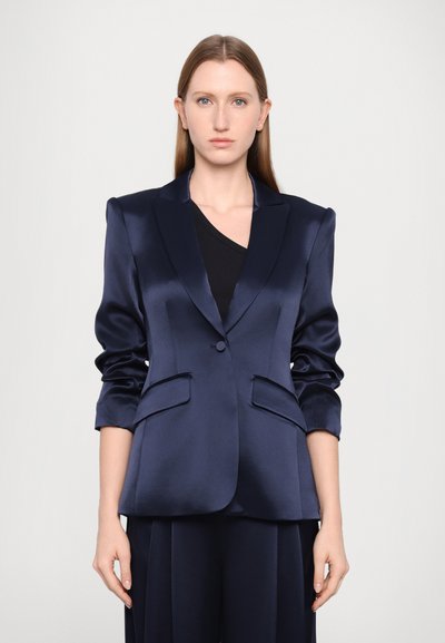 Navy satin blazer with structured shoulders, single button closure, and two front pockets. Sleek finish and slightly rolled sleeves.