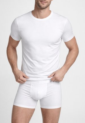 Uomo che indossa una maglietta bianca aderente a maniche corte e boxer bianchi, che sistema l'orlo della maglietta su uno sfondo semplice.