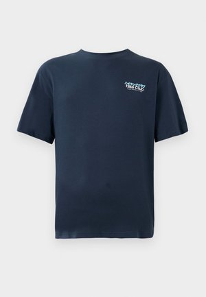 Navy blue short-sleeve T-shirt with small "Hike Club" text and mountain graphic on the left chest.