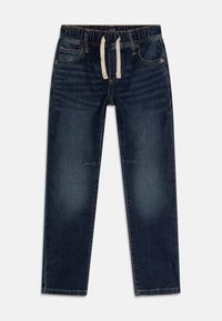 Mörkblå denimjeans med elastisk midja och vit dragsko, framfickor och subtila blekta detaljer på lår och knän.