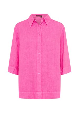 Bright pink, button-up linen shirt with short sleeves and a classic collar, labeled Marc Aurel, size 36, displayed on a white background.