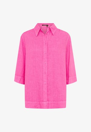 Bright pink, button-up linen shirt with short sleeves and a classic collar, labeled Marc Aurel, size 36, displayed on a white background.