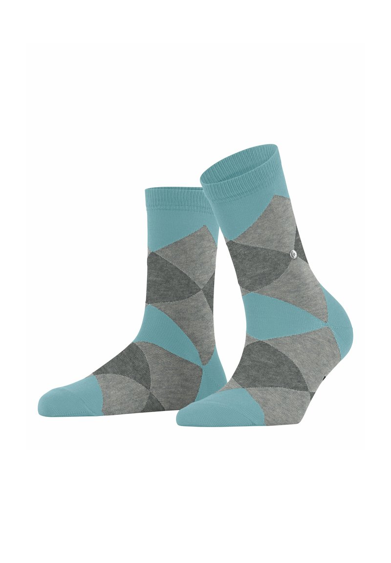 Chaussettes multicolores avec un motif géométrique en bleu clair, gris et teintes plus foncées, dotées d'un bord côtelé et d'un petit logo.