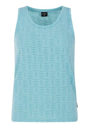 Top in cotone azzurro chiaro, realizzato in tessuto morbido, con un motivo geometrico a pois. Ha un collo rotondo e senza maniche per una vestibilità informale.