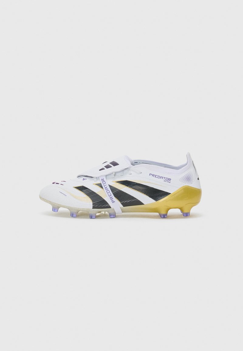 White football boot with black and gold detailing, featuring a textured upper, flex zones, and six transparent studs. "Predator" branding visible.