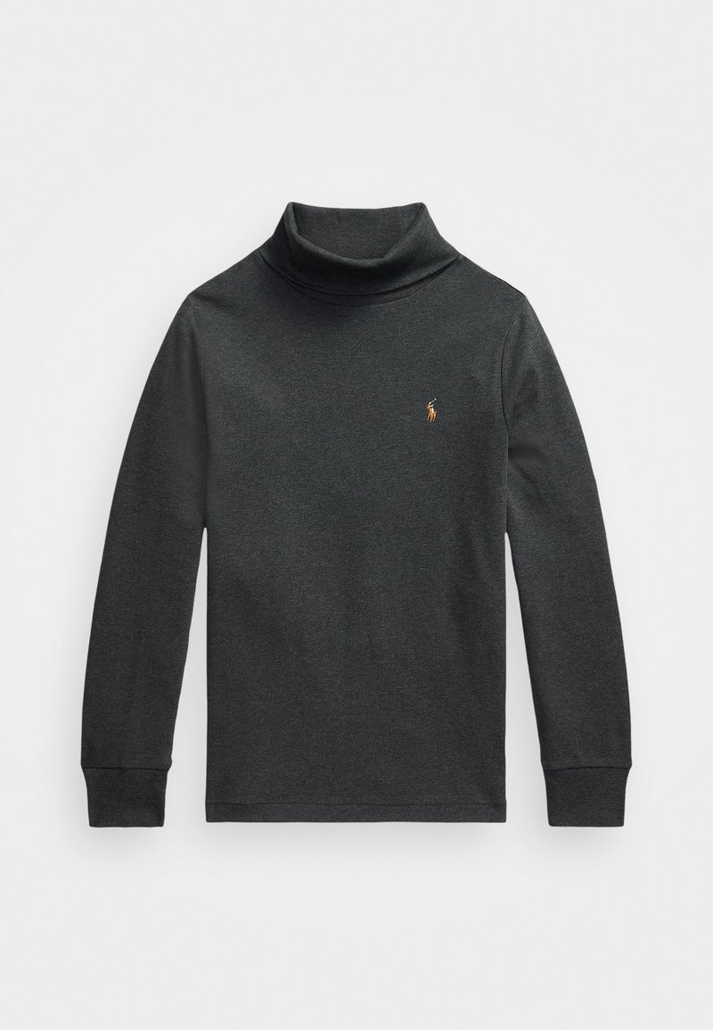 Camisa de cuello alto gris oscuro confeccionada en tejido suave, con mangas largas y un pequeño logo bordado en el pecho.