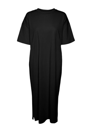 Black loose-fit midi dress with short sleeves, round neckline, and side slits at the hem.