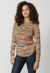 Mehrfarbiger Strickpullover mit Rundhalsausschnitt, langen Ärmeln und leicht abgerundetem Saum. Der Stoff weist ein strukturiertes, meliertes Muster auf.
