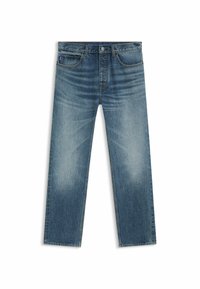 Jeans in denim blu chiaro con vestibilità ampia, cinque tasche e design a gamba dritta. Dettagli sbiaditi sulle cosce e cuciture a contrasto.