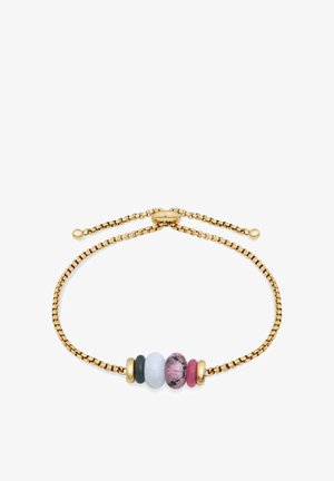 Guldjusterbar kædearmbånd med fem glatte perler i mørkegrøn, lyseblå, lyserød marmor, mørk lyserød og gyldne adskillelsesperler.