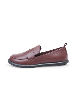 Burgundy leather loafers with a rounded toe, decorative stitching, and a black rubber sole. Designed with a pull tab for easy wear.