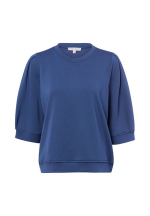 Blauwe blouse met korte mouwen, opgeblazen mouwen, ronde hals en een ontspannen pasvorm.